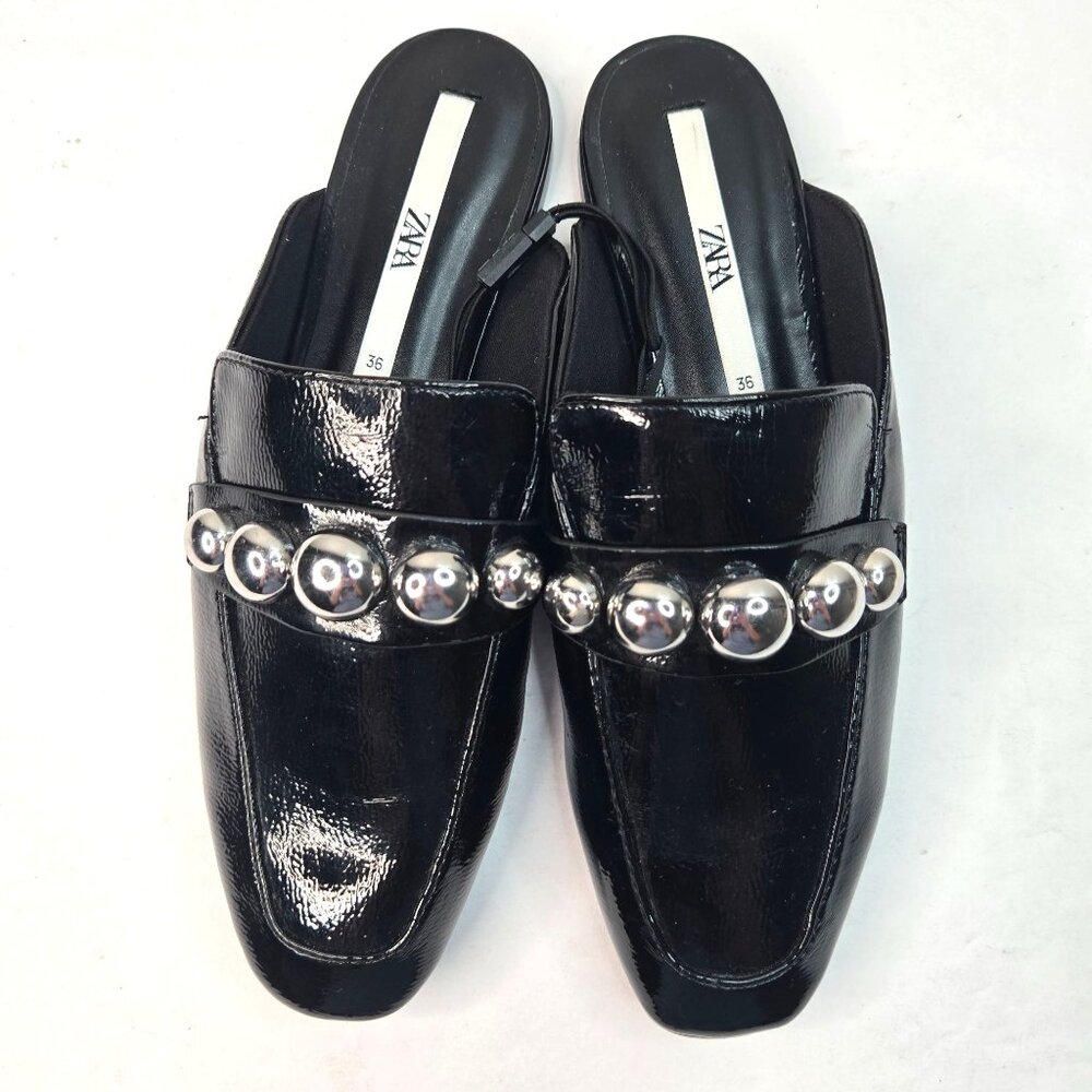 Zara Preppy Mule Shoes Patent Leather Black Studded Slip On Square Toe Loafers